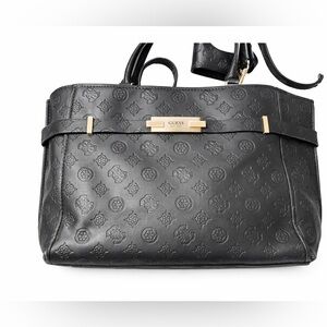 GUESS Black Embossed Logo Satchel Gold Hardware Structured Handbag Purse
